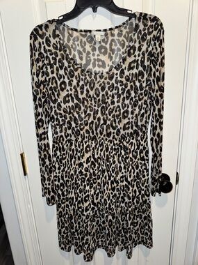 Cato Leopard Print Long-Sleeve Tiered Dress - Beige & Black